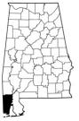 Map of Alabama with the county lines drawn out, Auburn University Shellfish Lab is highlighted.