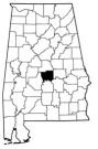 Map of Alabama with the county lines drawn out, Autauga County is highlighted.