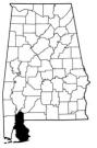 Map of Alabama with the county lines drawn out, Baldwin County is highlighted.