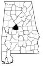 Map of Alabama with the county lines drawn out, Bibb County is highlighted.