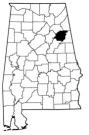 Map of Alabama with the county lines drawn out, Calhoun County is highlighted.