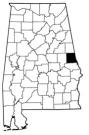 Map of Alabama with the county lines drawn out, Chambers County is highlighted.