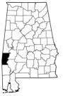 Map of Alabama with the county lines drawn out, Choctaw County is highlighted.