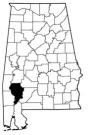 Map of Alabama with the county lines drawn out, Clarke County is highlighted.