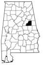Map of Alabama with the county lines drawn out, Clay County is highlighted.
