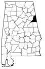 Map of Alabama with the county lines drawn out, Cleburne County is highlighted.