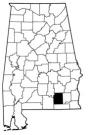 Map of Alabama with the county lines drawn out, Coffee County is highlighted.