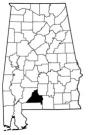 Map of Alabama with the county lines drawn out, Conecuh County is highlighted.
