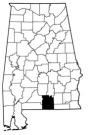 Map of Alabama with the county lines drawn out, Covington County is highlighted.