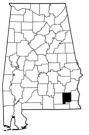 Map of Alabama with the county lines drawn out, Dale County is highlighted.