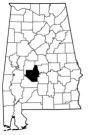 Map of Alabama with the county lines drawn out, Dallas County is highlighted.