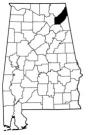 Map of Alabama with the county lines drawn out, DeKalb County is highlighted.