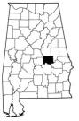 Map of Alabama with the county lines drawn out, Elmore County is highlighted.