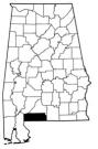 Map of Alabama with the county lines drawn out, Escambia County is highlighted.