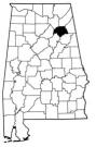 Map of Alabama with the county lines drawn out, Etowah County is highlighted.