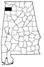Map of Alabama with the county lines drawn out, Franklin County is highlighted.