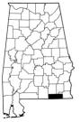 Map of Alabama with the county lines drawn out, Geneva County is highlighted.