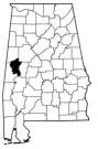 Map of Alabama with the county lines drawn out, Greene County is highlighted.