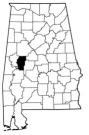 Map of Alabama with the county lines drawn out, Hale County is highlighted.