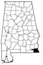 Map of Alabama with the county lines drawn out, Houston County is highlighted.