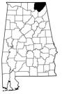 Map of Alabama with the county lines drawn out, Jackson County is highlighted.
