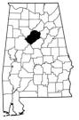 Map of Alabama with the county lines drawn out, Jefferson County is highlighted.