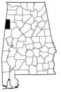 Map of Alabama with the county lines drawn out, Lamar County is highlighted.