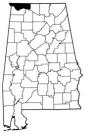 Map of Alabama with the county lines drawn out, Lauderdale County is highlighted.