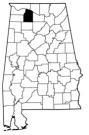 Map of Alabama with the county lines drawn out, Lawrence County is highlighted.