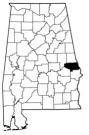 Map of Alabama with the county lines drawn out, Lee County is highlighted.