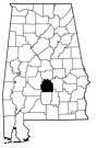 Map of Alabama with the county lines drawn out, Lowndes County is highlighted.