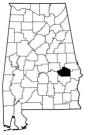 Map of Alabama with the county lines drawn out, Macon County is highlighted.