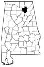 Map of Alabama with the county lines drawn out, Marshall County is highlighted.
