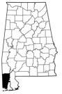 Map of Alabama with the county lines drawn out, Mobile County is highlighted.