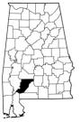Map of Alabama with the county lines drawn out, Monroe County is highlighted.