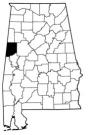 Map of Alabama with the county lines drawn out, Pickens County is highlighted.