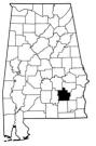 Map of Alabama with the county lines drawn out, Pike County is highlighted.