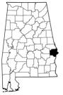 Map of Alabama with the county lines drawn out, Russell County is highlighted.