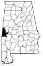 Map of Alabama with the county lines drawn out, Sumter County is highlighted.