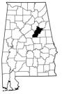 Map of Alabama with the county lines drawn out, Talladega County is highlighted.
