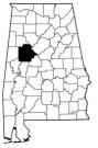 Map of Alabama with the county lines drawn out, Tuscaloosa County is highlighted.