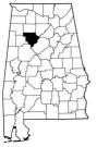 Map of Alabama with the county lines drawn out, Walker County is highlighted.