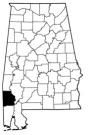 Map of Alabama with the county lines drawn out, Washington County is highlighted.