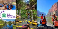A collage of images that show teenagers of different ages, genders, and races participating in outdoor adventures such as rafting, hiking, and climbing. The collage also has the 4-H Military Partnership logo.
