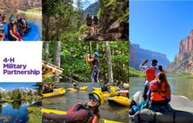A collage of images that show teenagers of different ages, genders, and races participating in outdoor adventures such as rafting, hiking, and climbing. The collage also has the 4-H Military Partnership logo.