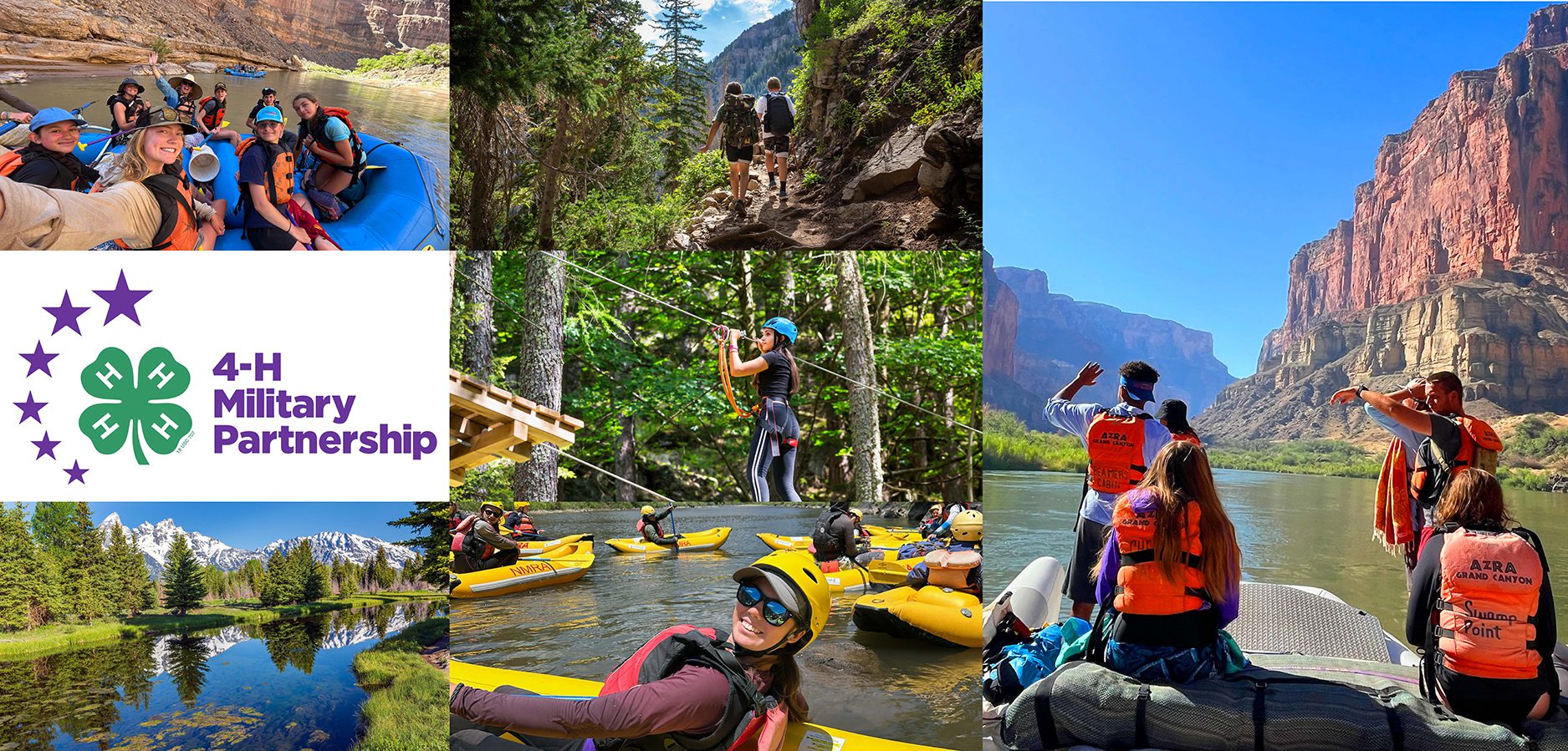 A collage of images that show teenagers of different ages, genders, and races participating in outdoor adventures such as rafting, hiking, and climbing. The collage also has the 4-H Military Partnership logo.