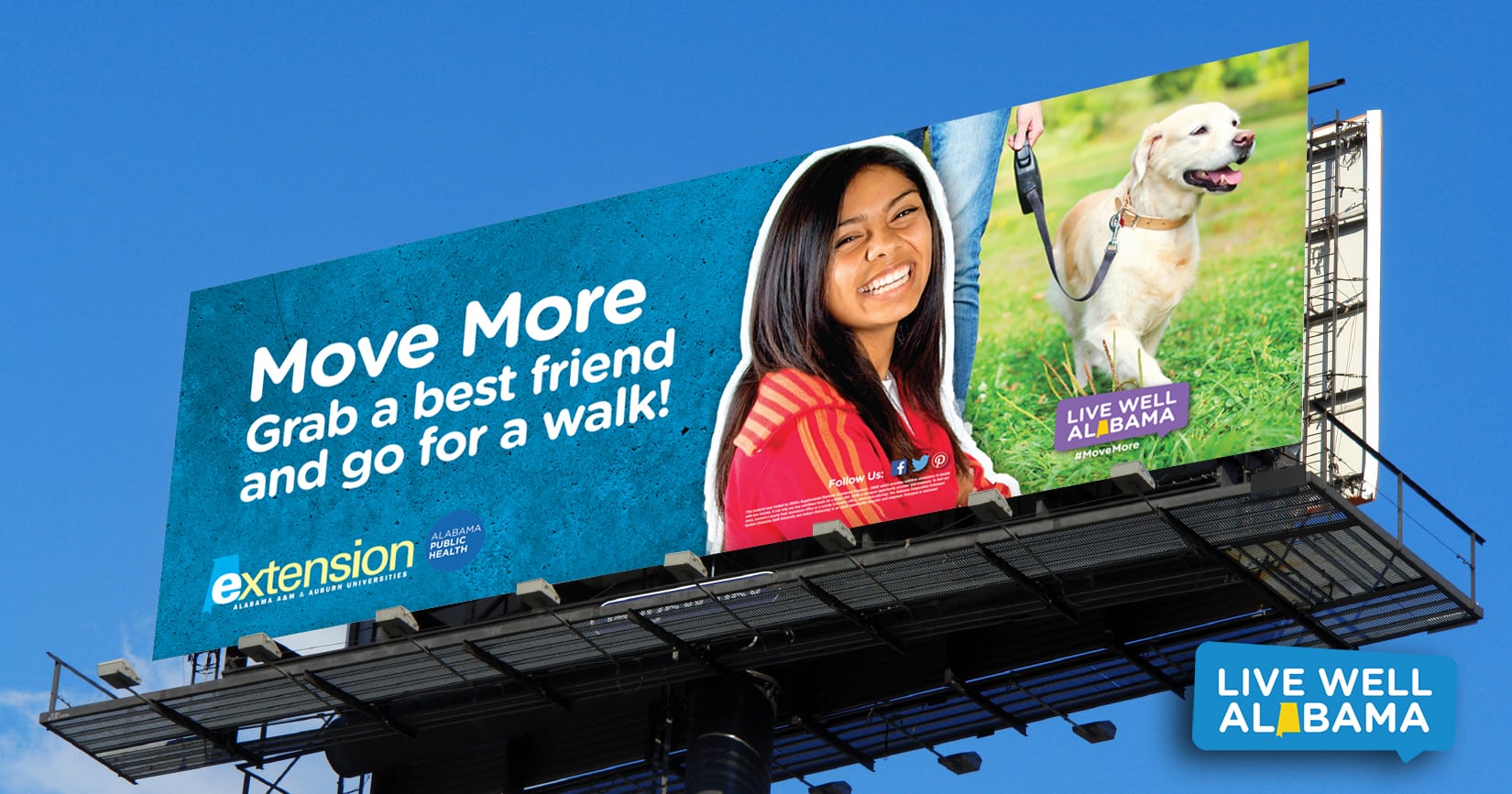 Billboards, Live Well Alabama billboard, Move More. Grab a best friend and go for a walk.