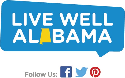 Live Well Alabama logo. Blue text bubble with white letters forming Live Well Alabama.
