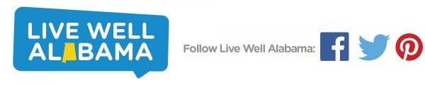Live Well Alabama logo. Blue text bubble with white letters.