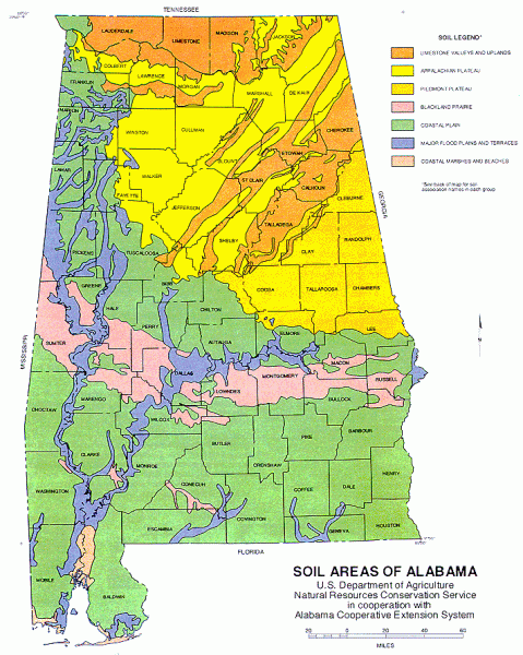 Soil Map of Alabama, showing colored regions depicting changes in soil types.